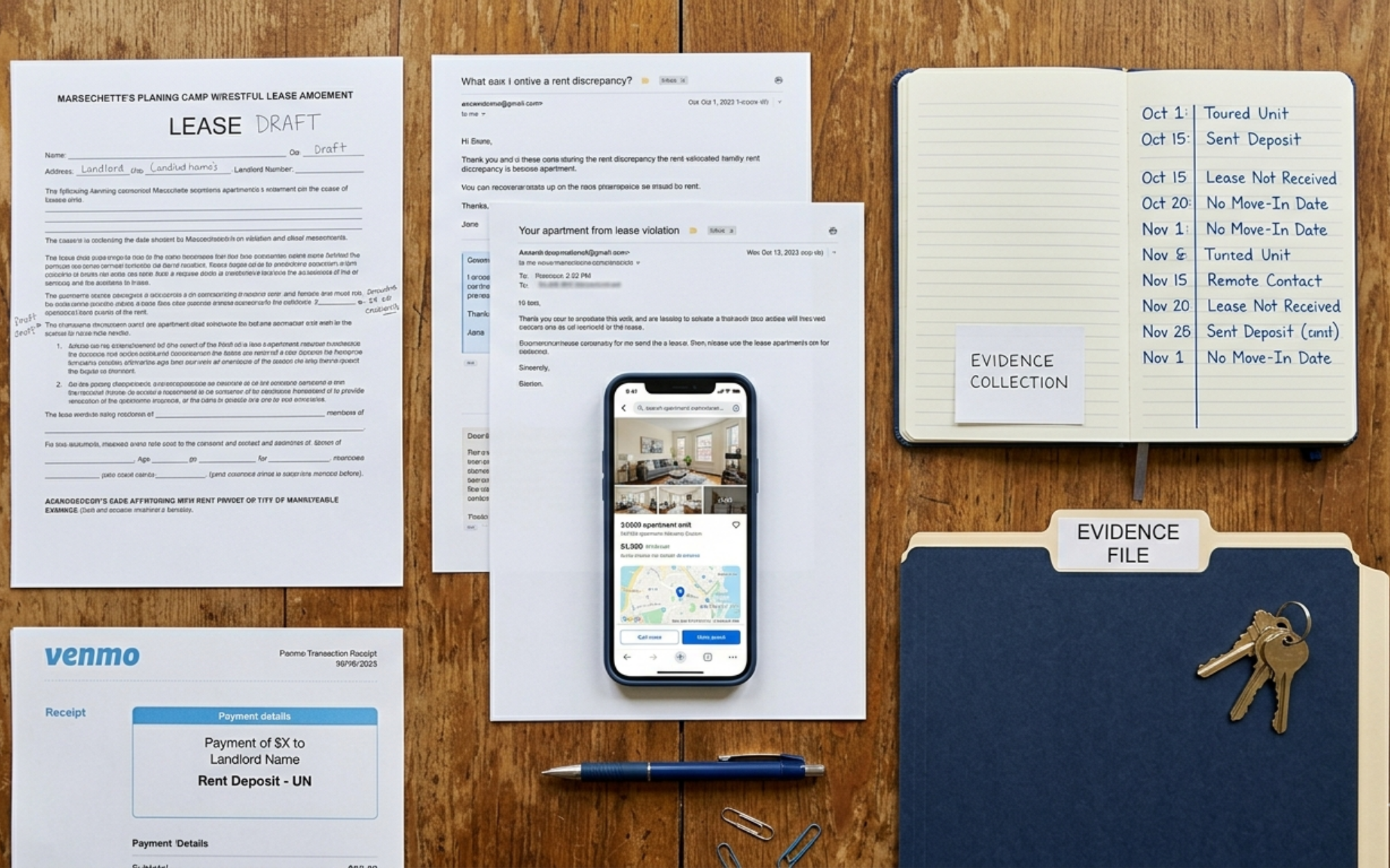 Flat-lay of a Massachusetts renter's broker fee evidence — apartment listing screenshot, emails, payment receipt, and lease.