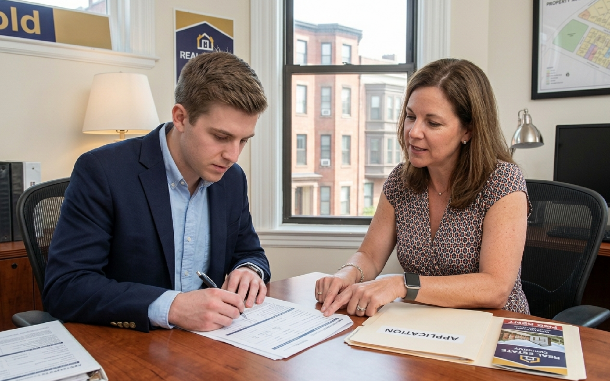Boston renter reviewing rental paperwork with a real estate agent to check who hired the broker before signing.