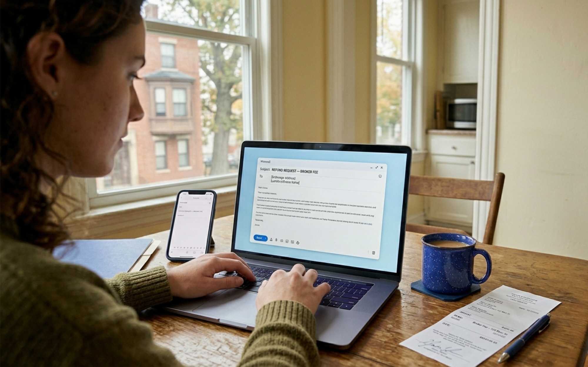 Massachusetts renter drafting a written refund request email for a broker fee, with payment receipt on the desk.