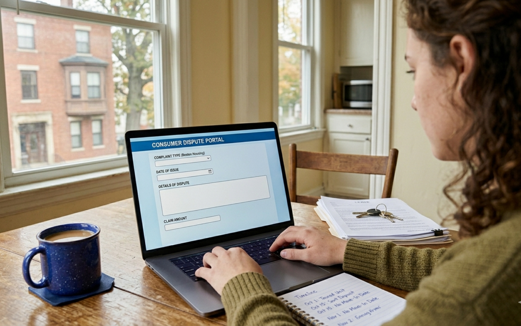 Boston renter filing a consumer complaint about an illegal broker fee on a laptop, with evidence and a timeline notebook beside them.