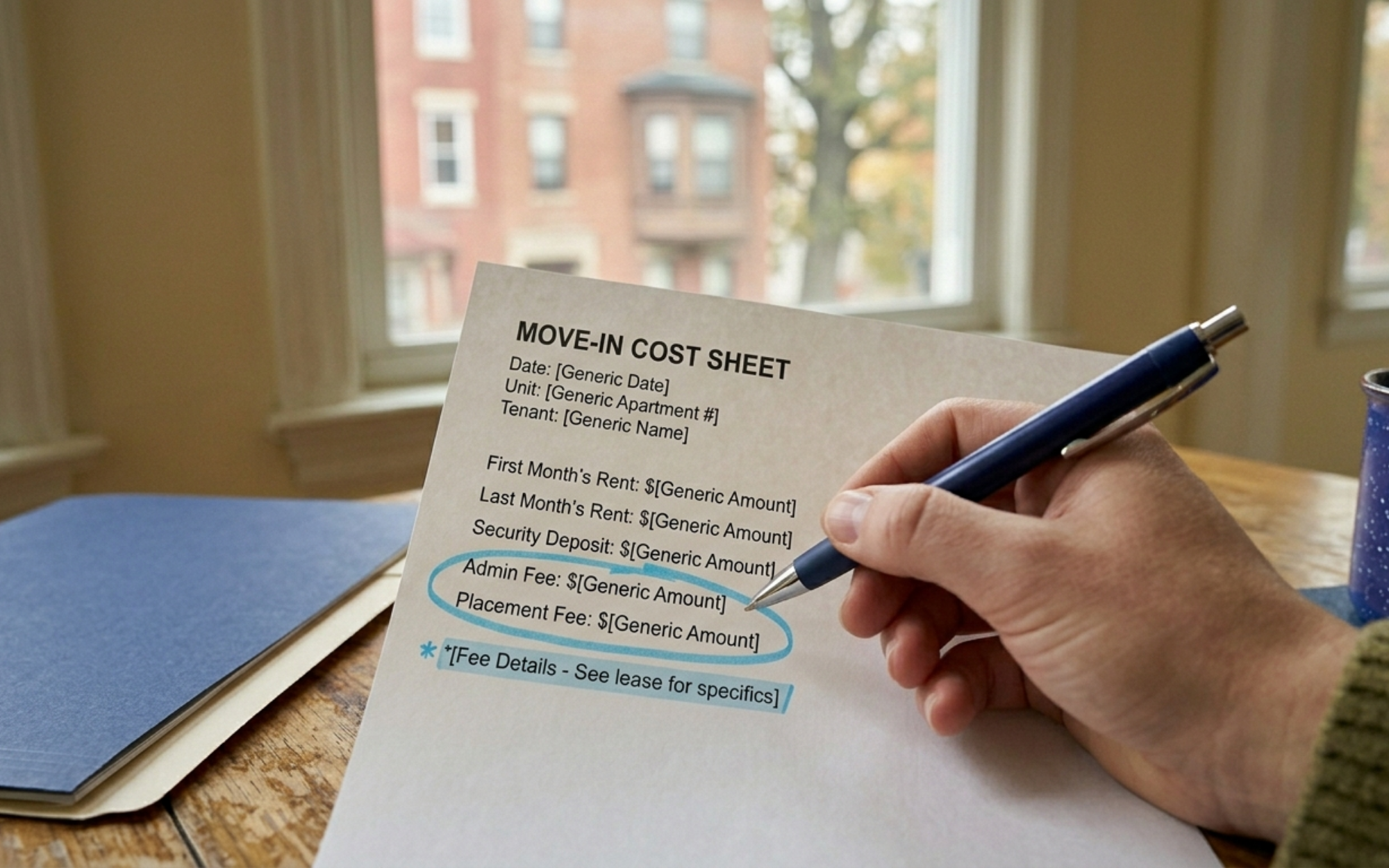 Renter reviewing a move-in cost sheet with a vague admin fee highlighted, spotting a possible hidden broker fee in Massachusetts.