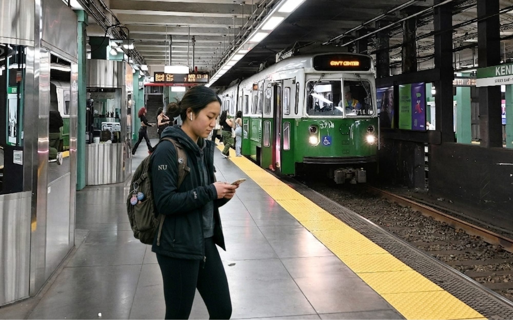 NEU student at Kenmore Green Line station exploring best Boston neighborhoods for Northeastern students