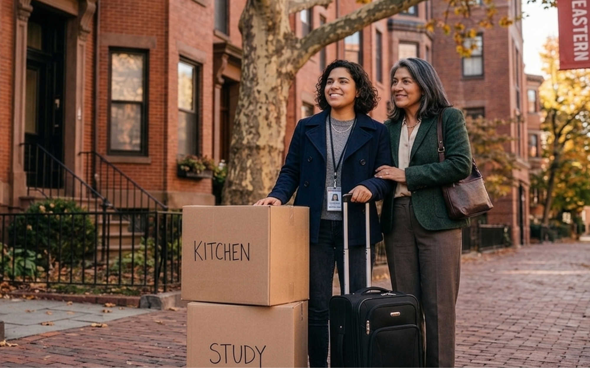 Northeastern University student moving into a Boston off-campus apartment with help from their mother on move-in day