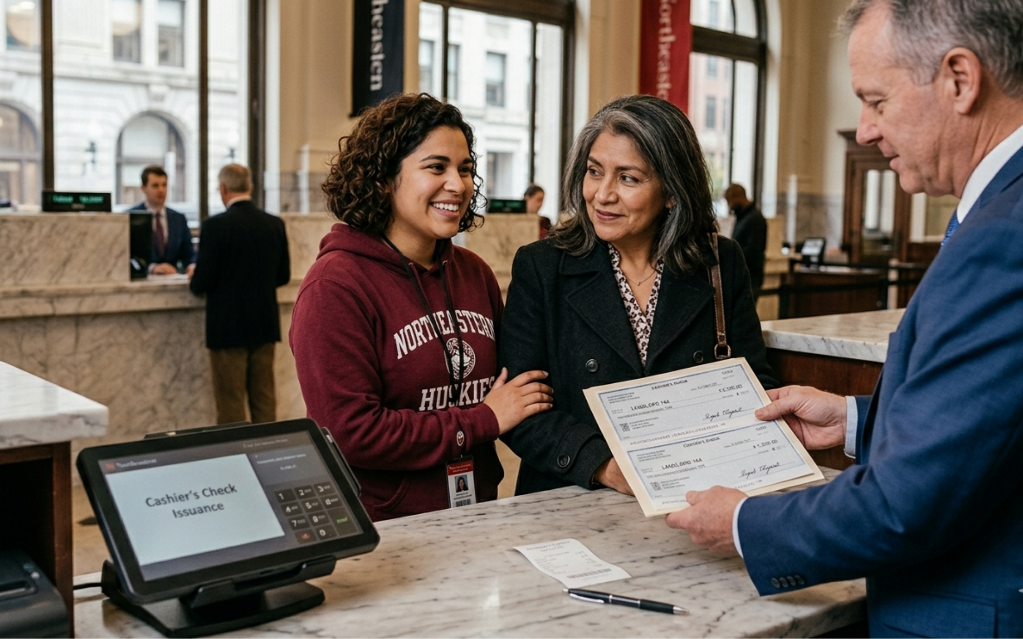 NEU student and parent at a Boston bank getting cashier's checks to cover first month, last month, security deposit, and broker fee