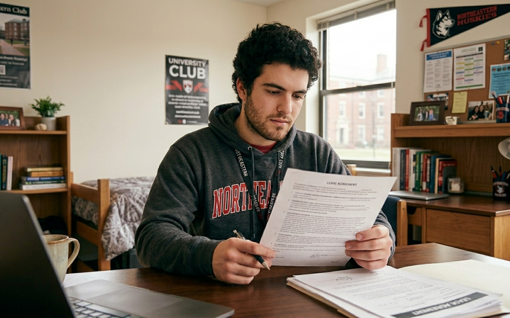 Northeastern University student carefully reviewing a lease agreement for off-campus housing near NEU Boston