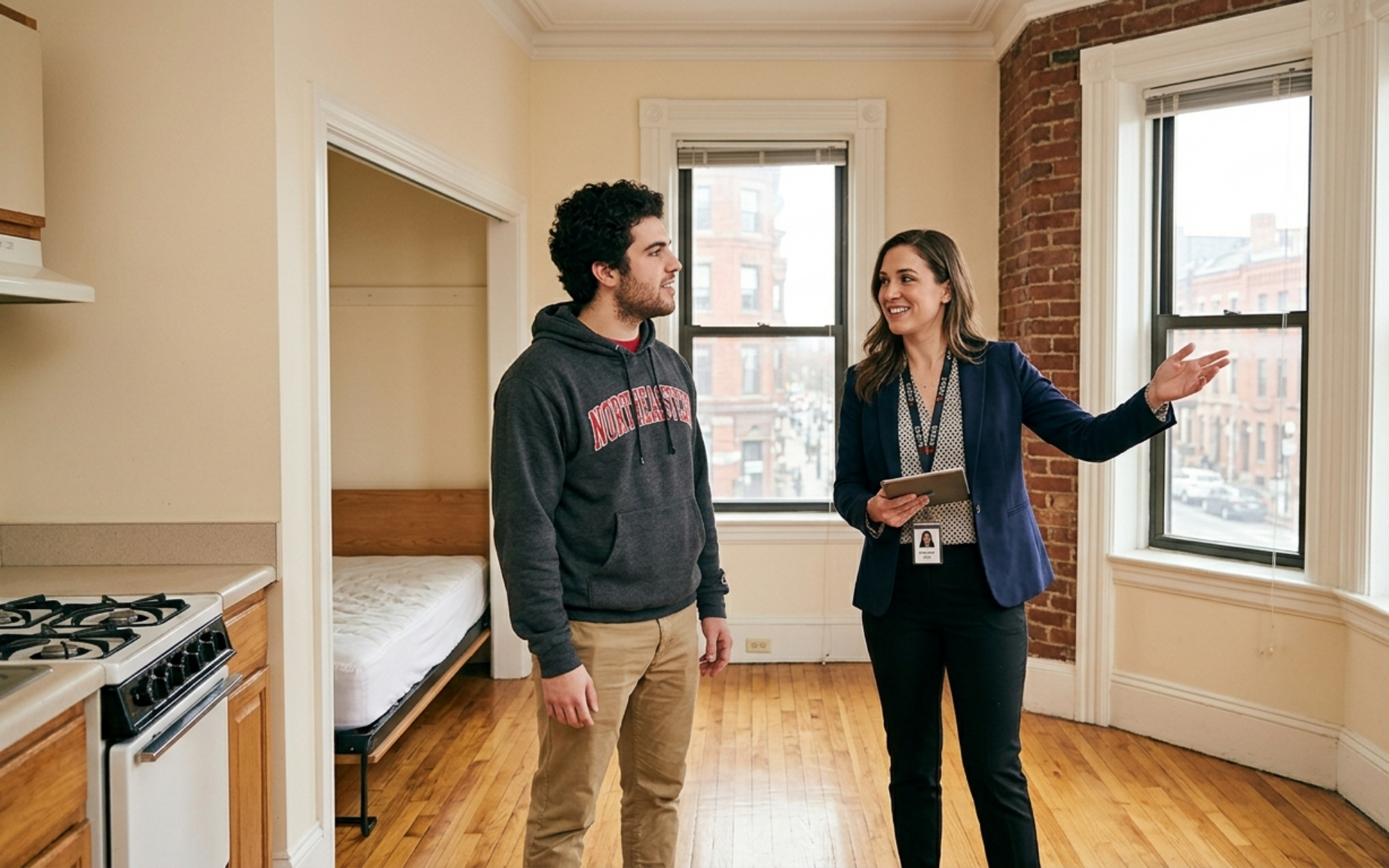 Northeastern University student touring a studio apartment in Fenway Boston while searching for off-campus housing near NEU