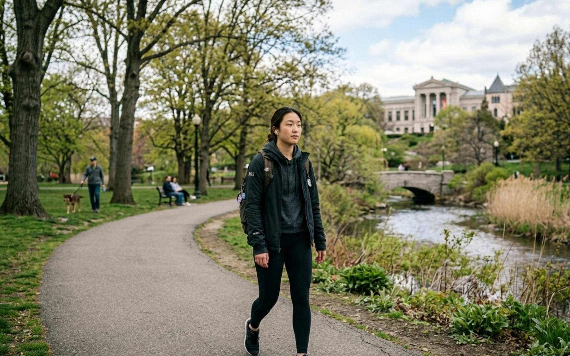 NEU student walking through the Fens to Northeastern University campus from off-campus housing in Fenway