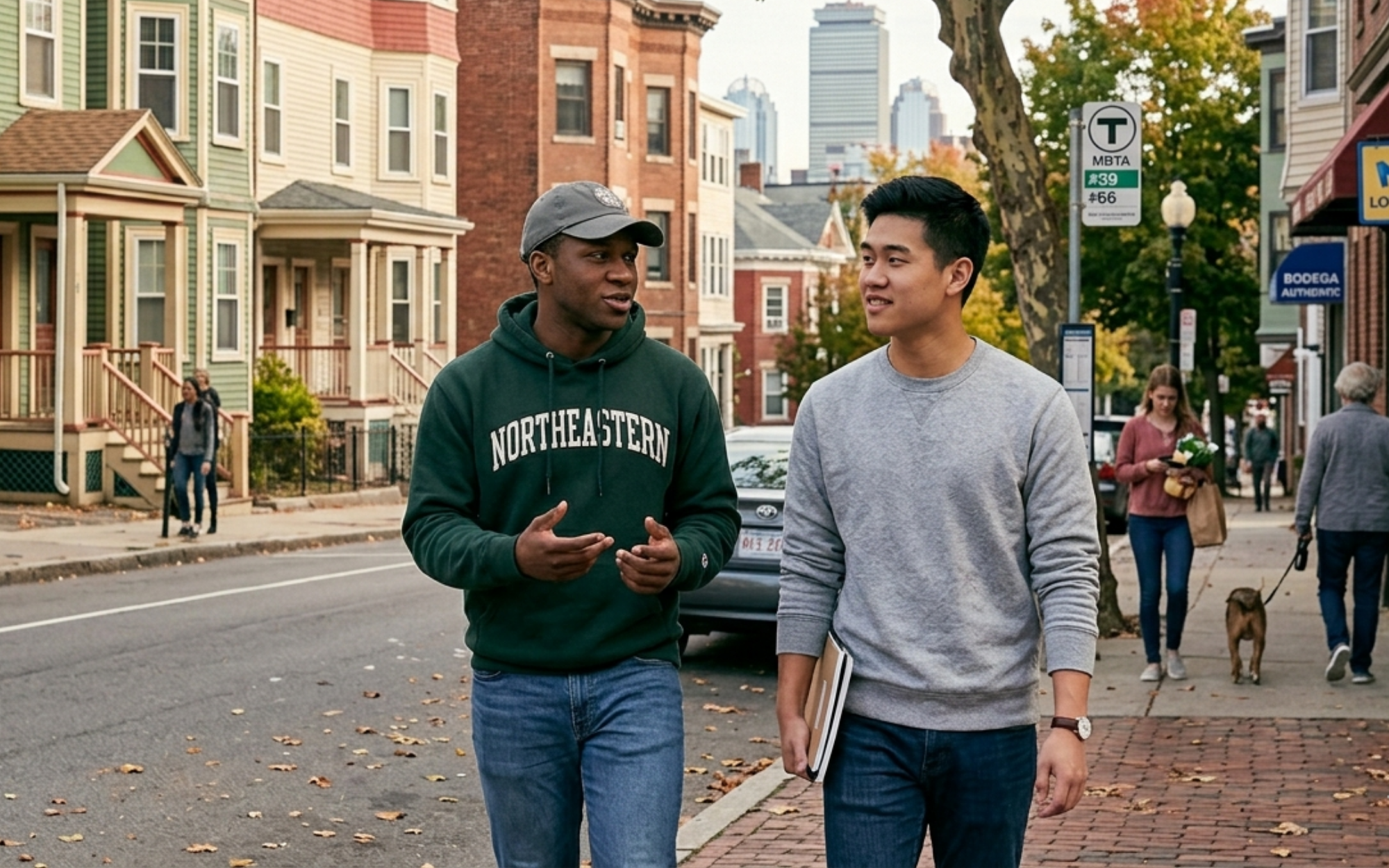 Northeastern University student exploring a Boston neighborhood to evaluate commute and safety before signing an off-campus lease