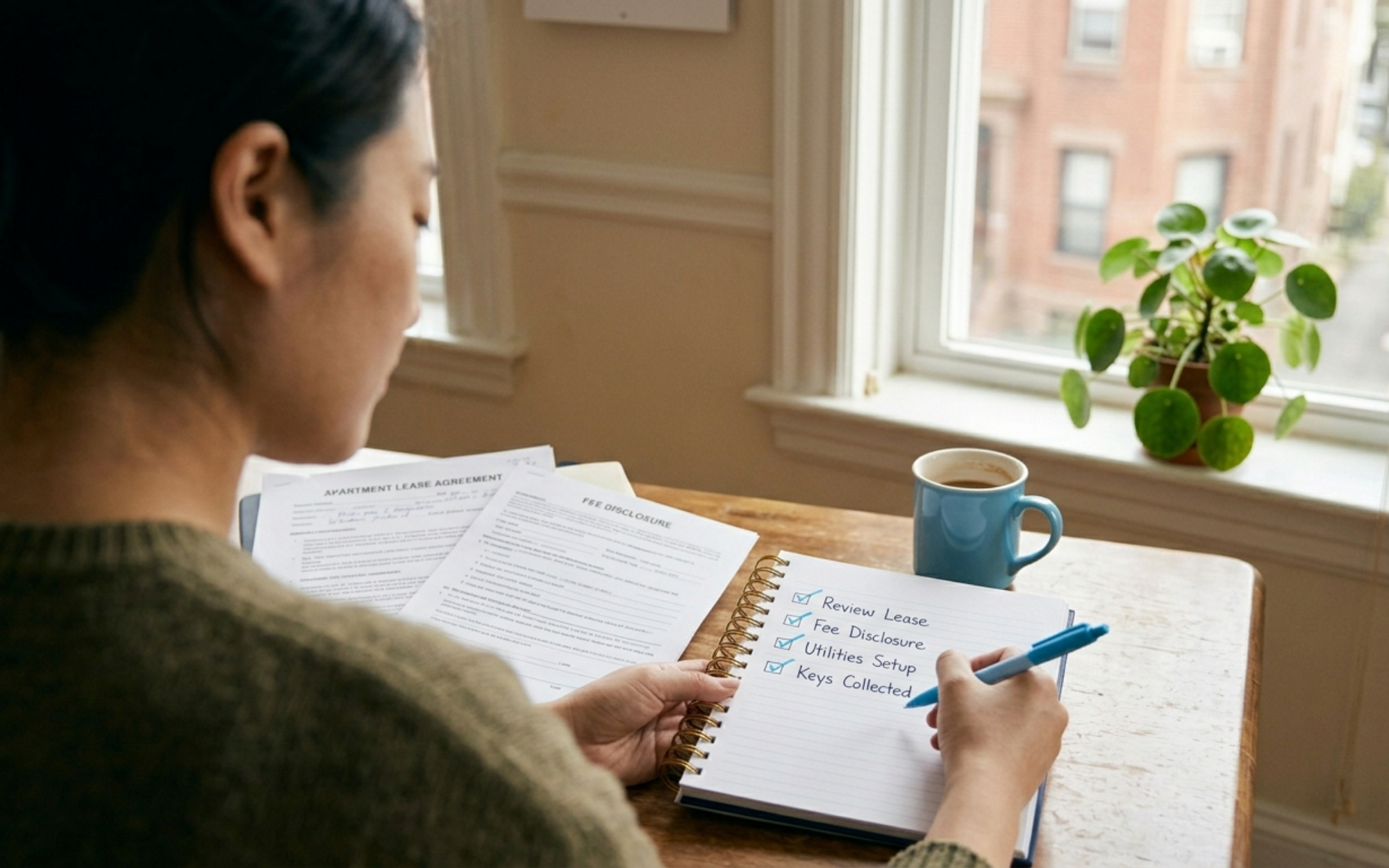 Boston renter at her desk working through a pre-signing lease checklist with a navy notebook, sky blue pen, and lease paperwork laid out in front of her — every fee and form reviewed before signing.