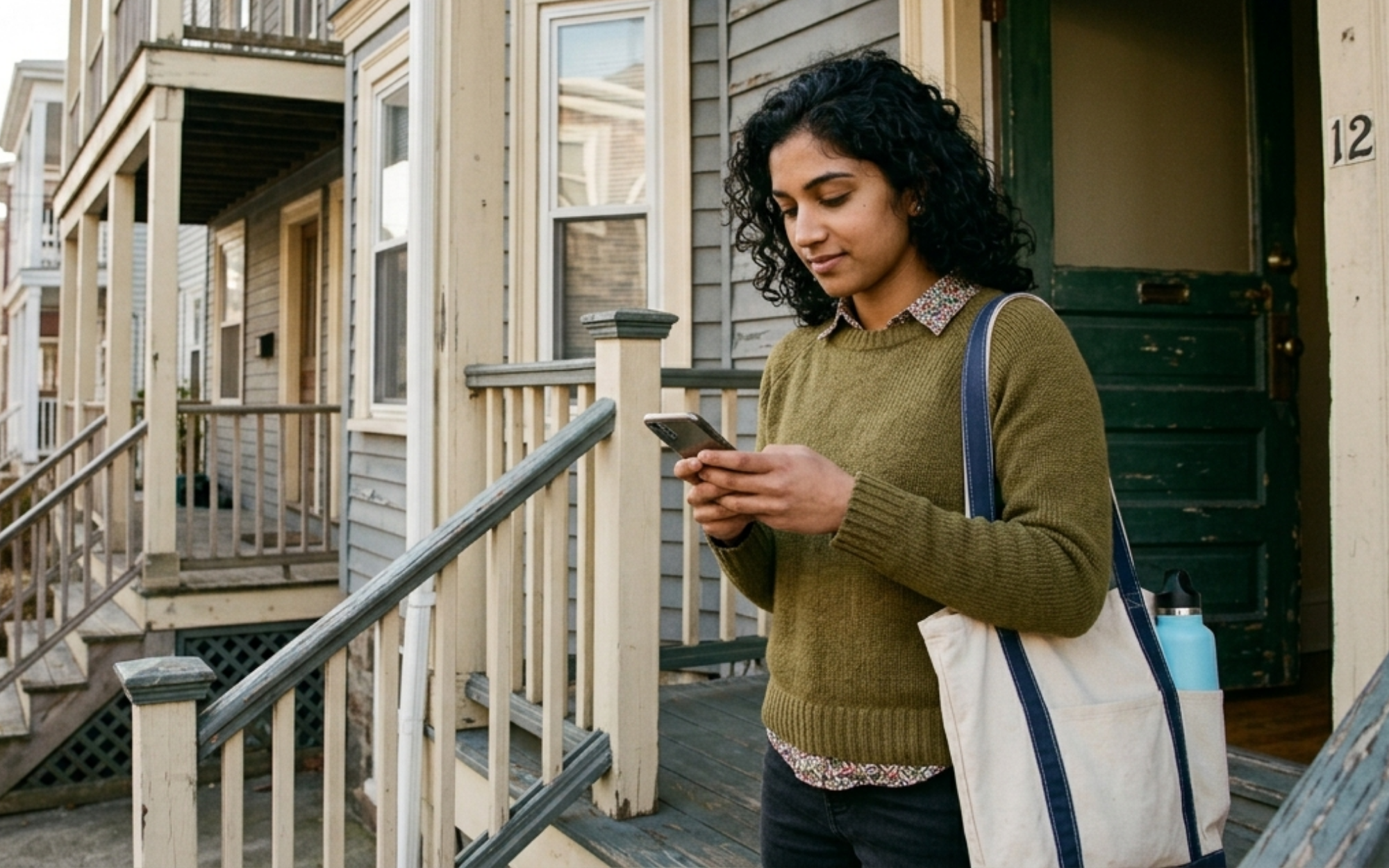 Boston renter pausing on the stoop of a Brighton triple-decker during an apartment showing, reviewing her phone before going inside