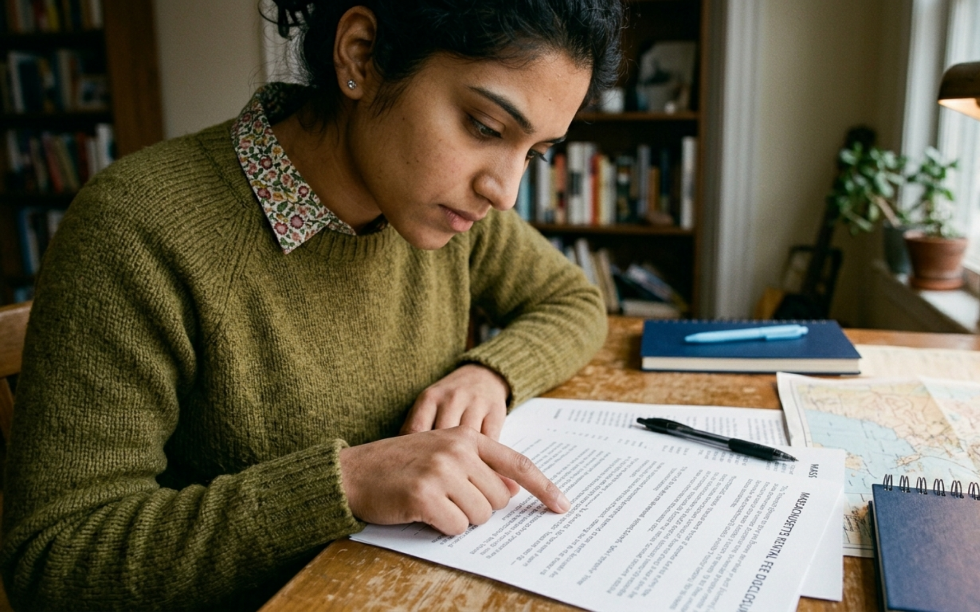 Boston renter closely reading a broker fee agreement at her desk, pen set aside, looking for red flags before signing
