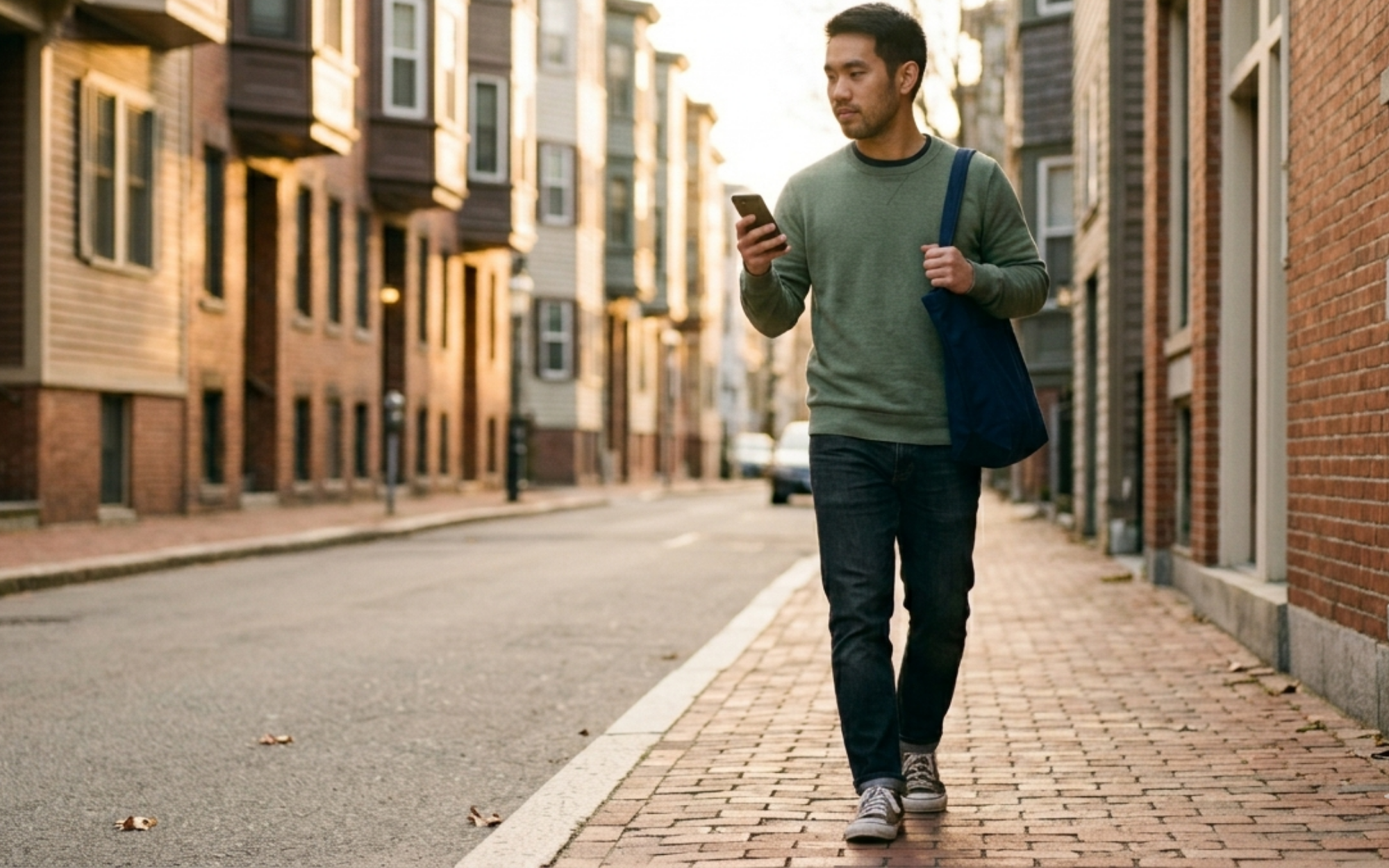 Boston renter walking through a triple-decker neighborhood comparing apartment listings on his phone during the September rental season