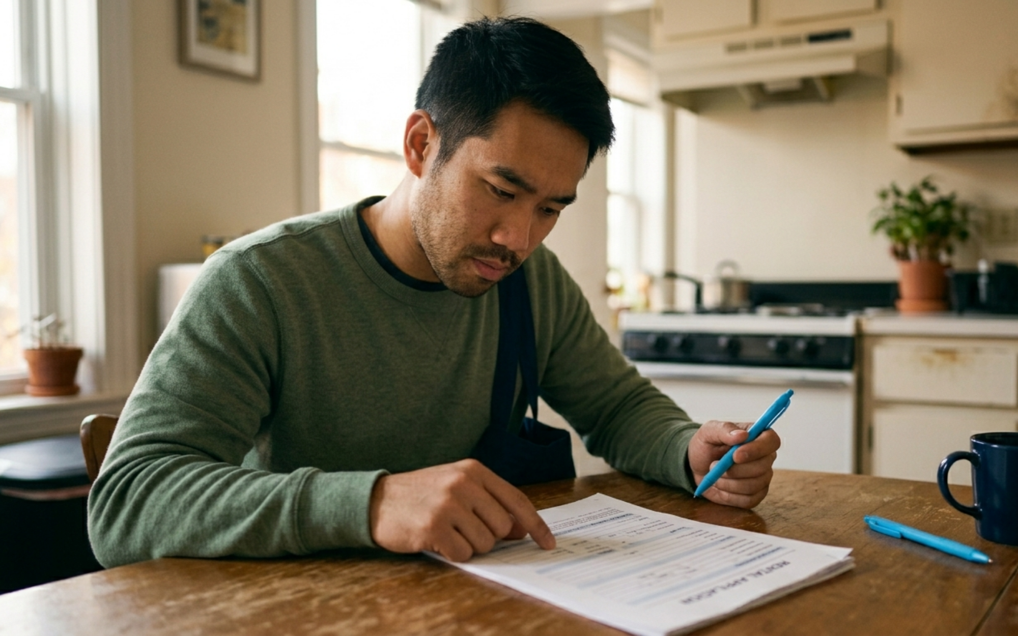 Boston renter carefully reviewing a rental application at his kitchen table, scrutinizing fees that may be disguised broker charges