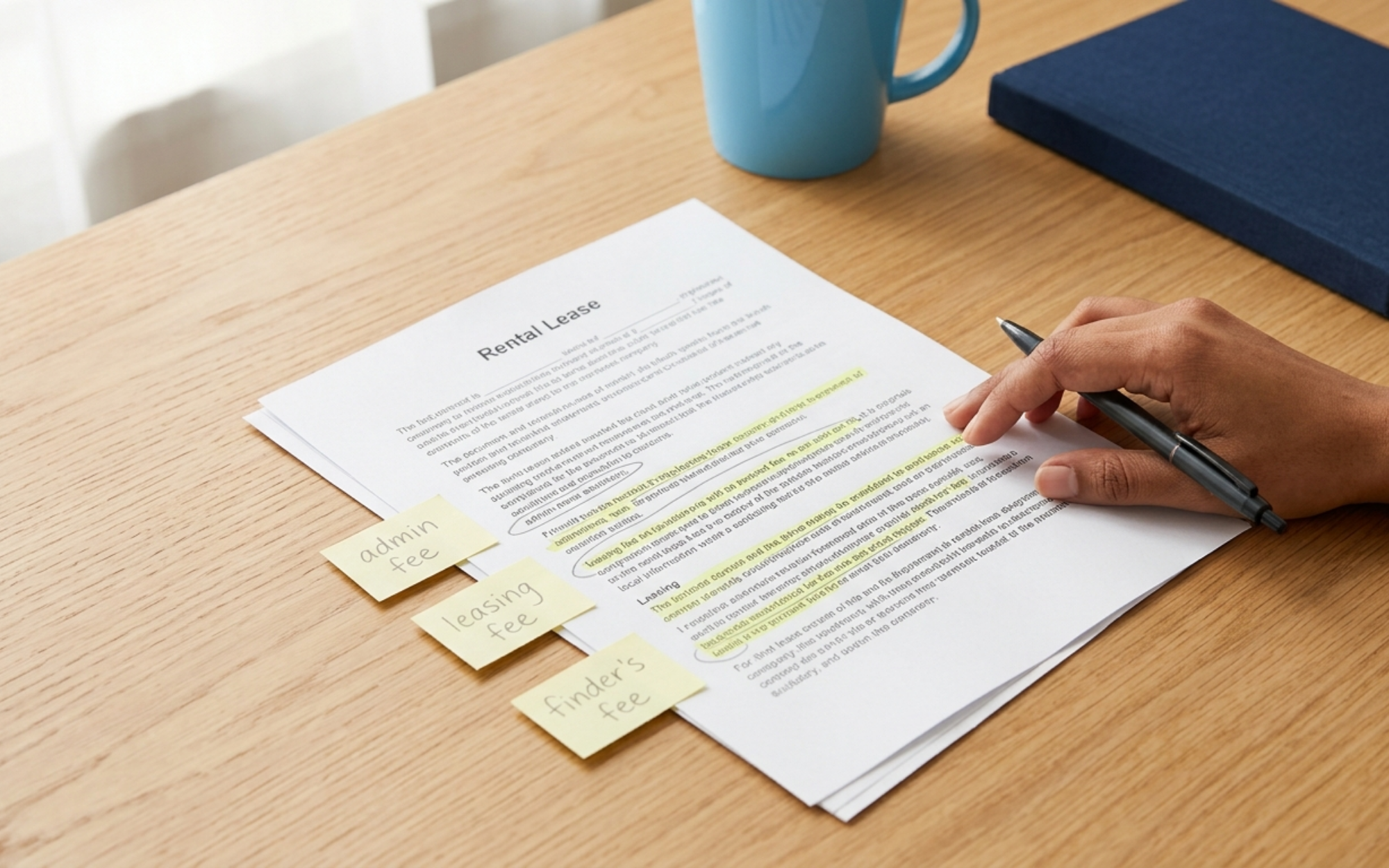 Boston renter reviewing a rental lease with admin fee and leasing fee line items that may be disguised broker fees