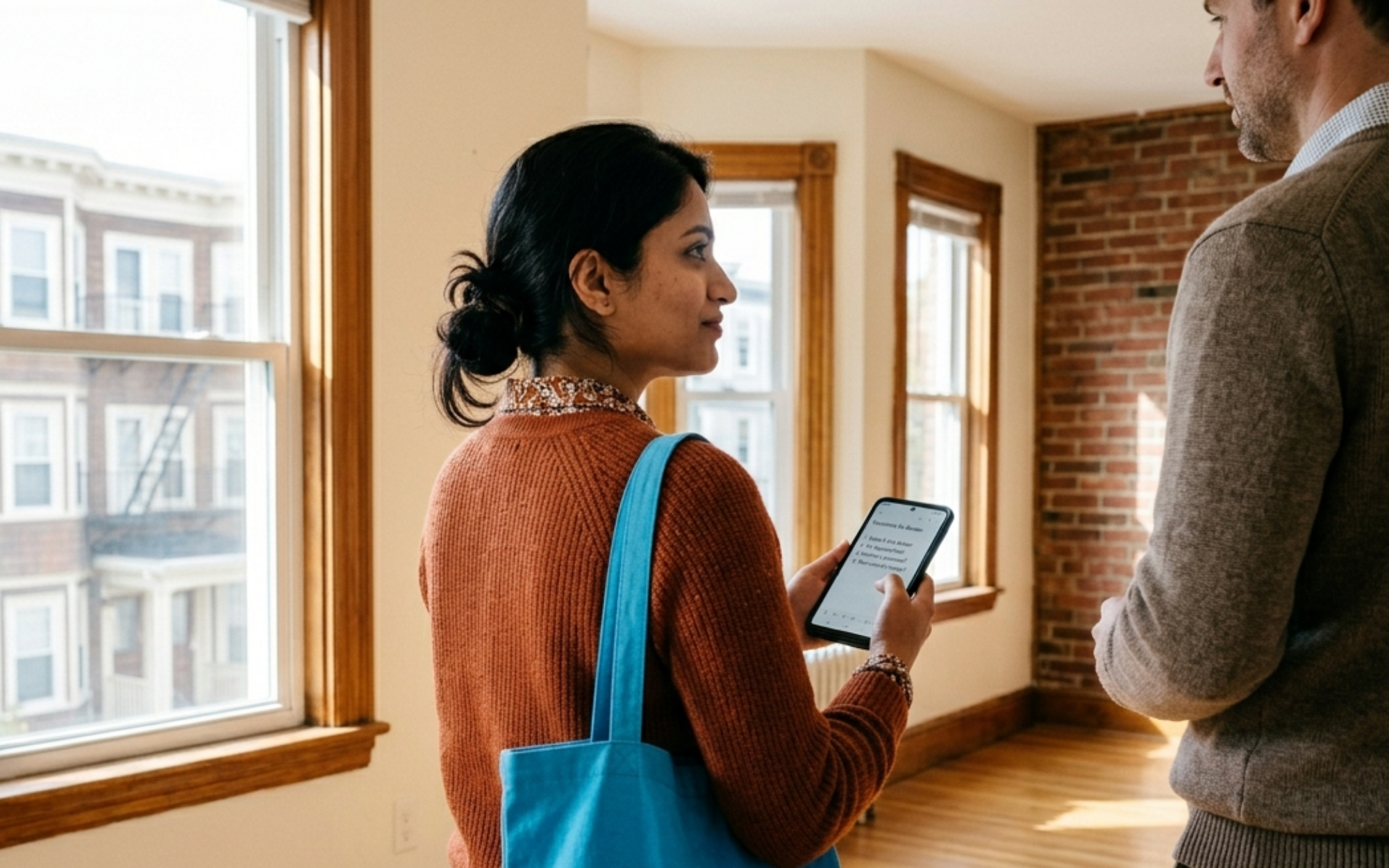 Boston renter photographing a rental listing to document a potential illegal broker fee dispute, saving evidence before it disappears
