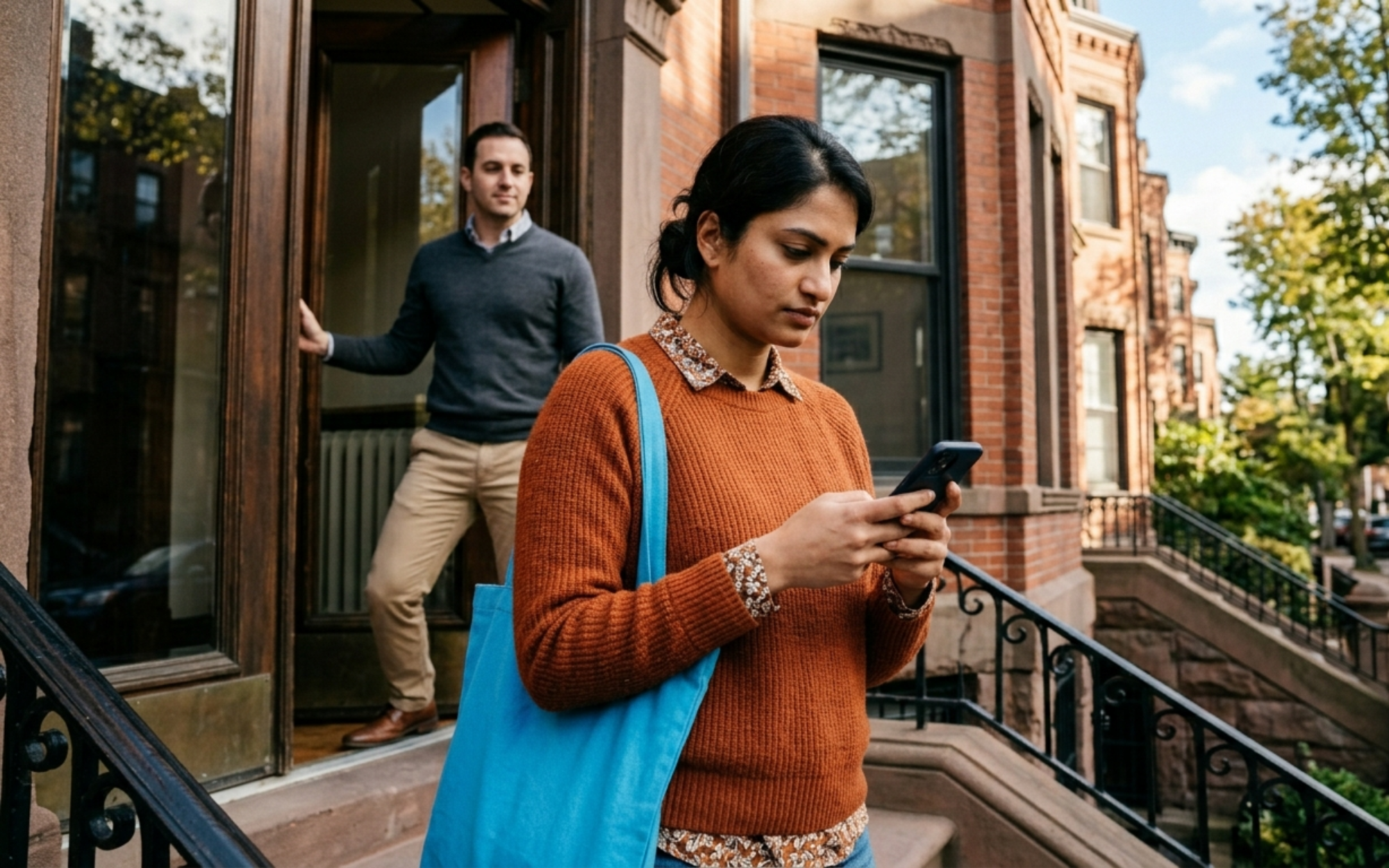 Boston renter checking a rental listing on her phone outside a brownstone after a broker showing, questioning who pays the broker fee
