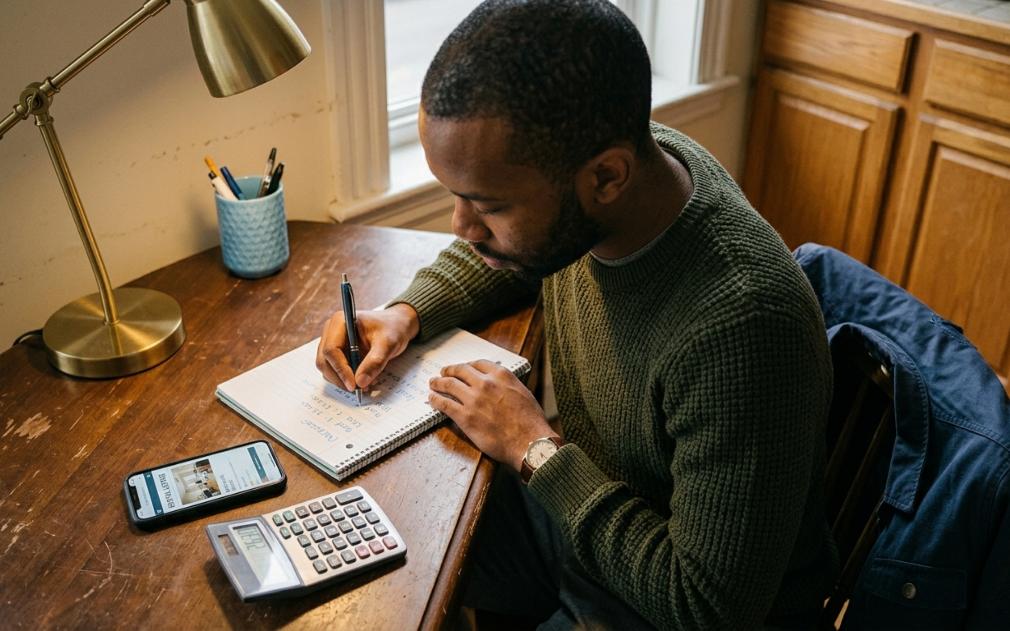 Boston renter writing out a first-year cost comparison between two apartments on a notepad, pen in hand, phone showing a rental listing nearby