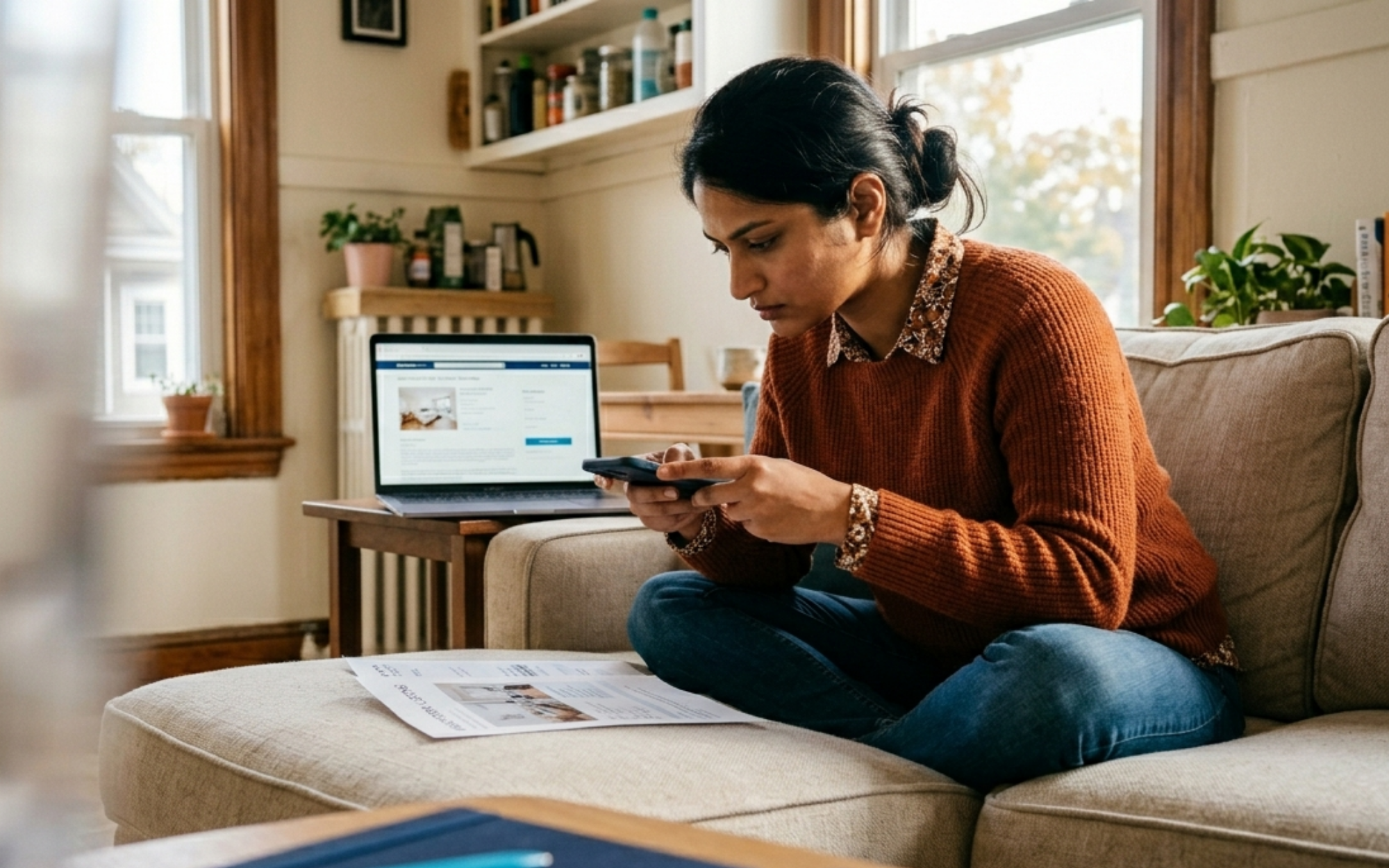 Boston renter confidently asking a broker during an apartment showing whether anyone else is paying them, using a prepared script on her phone