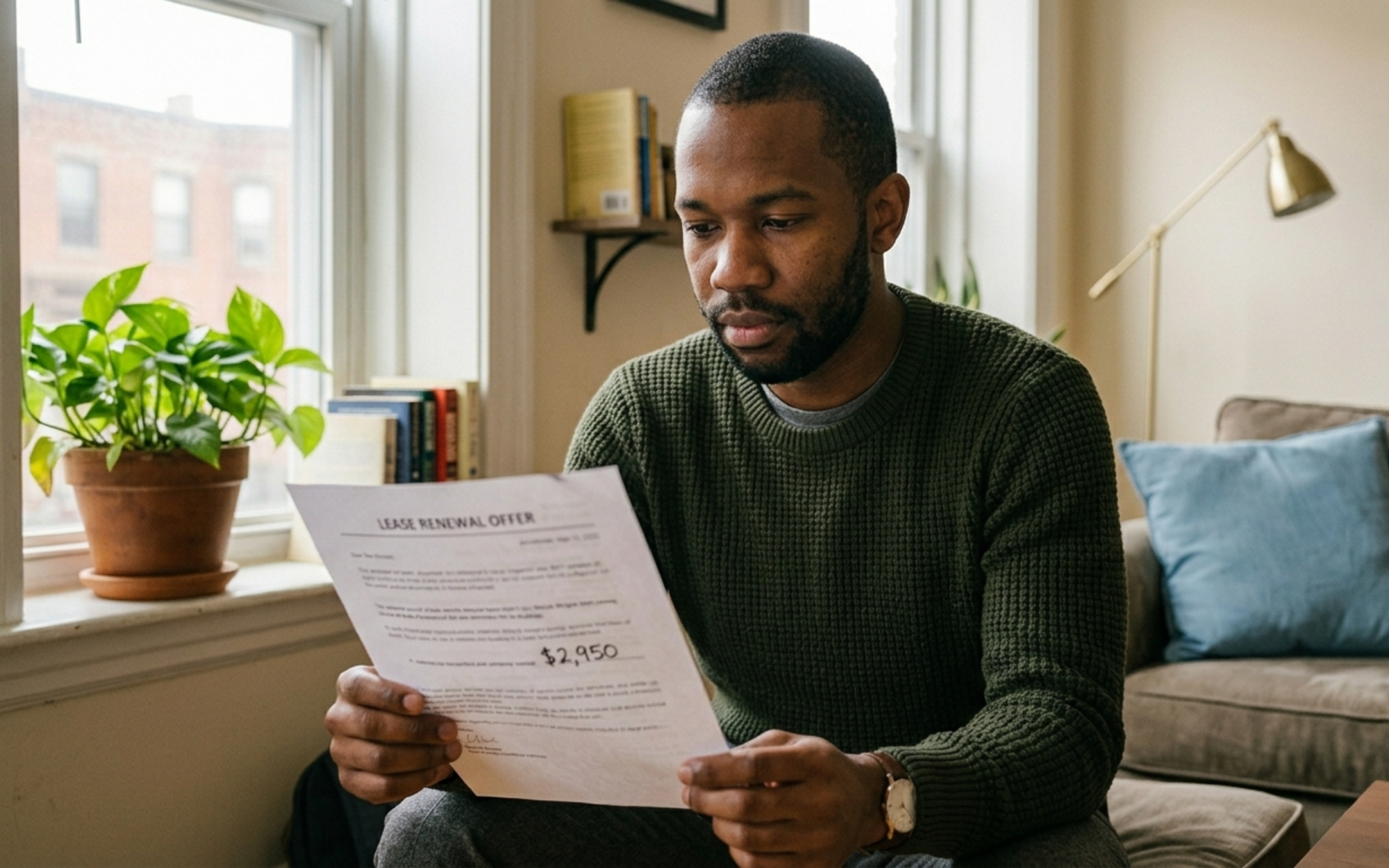 Boston renter sitting on his couch reading a lease renewal letter with a higher rent figure, thinking through his options