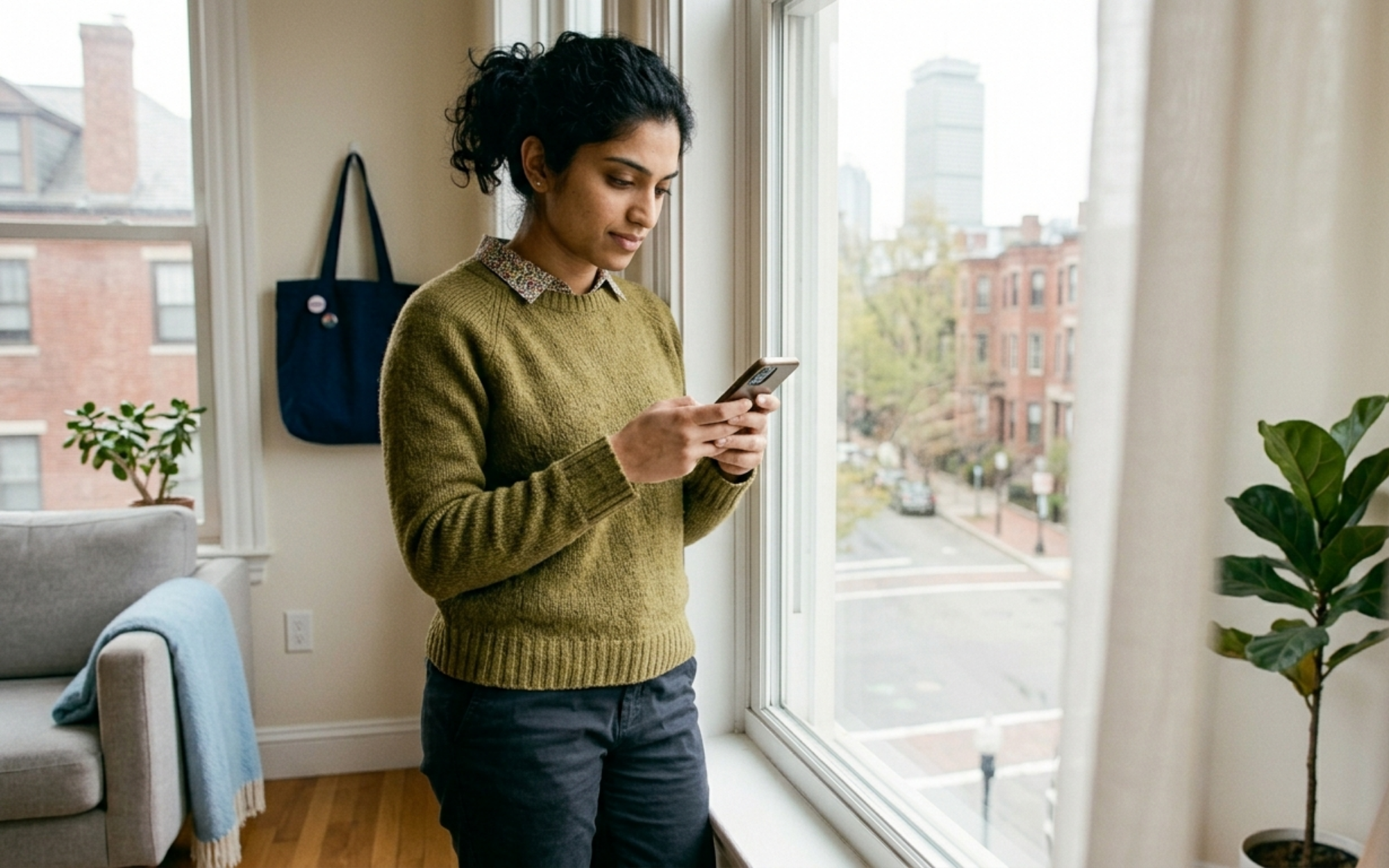 Boston renter standing by her apartment window, confidently typing a message to a broker asking about tenant representation before a showing