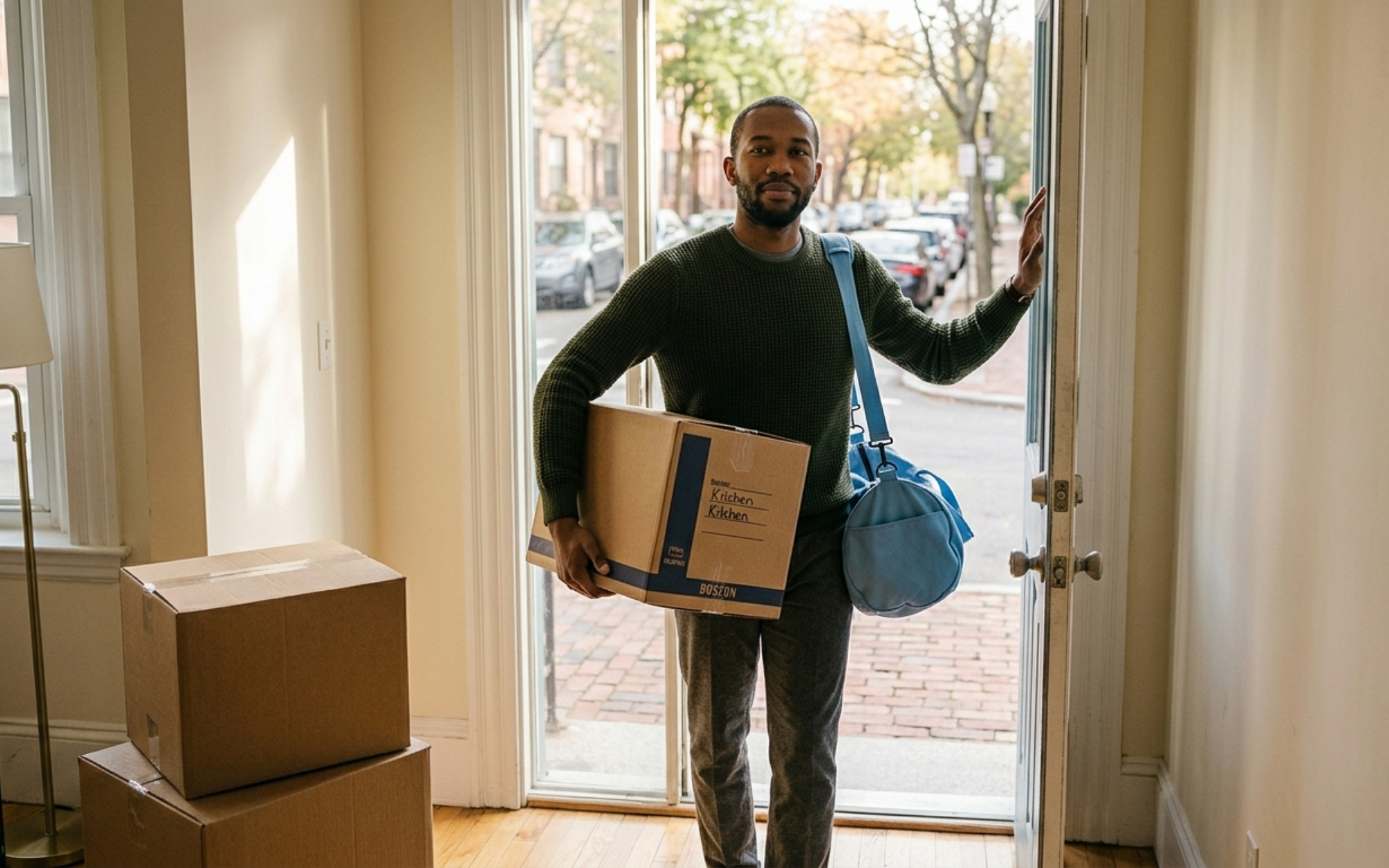 Boston renter carrying a moving box through the front door of his new apartment, arriving on moving day with less upfront cost burden