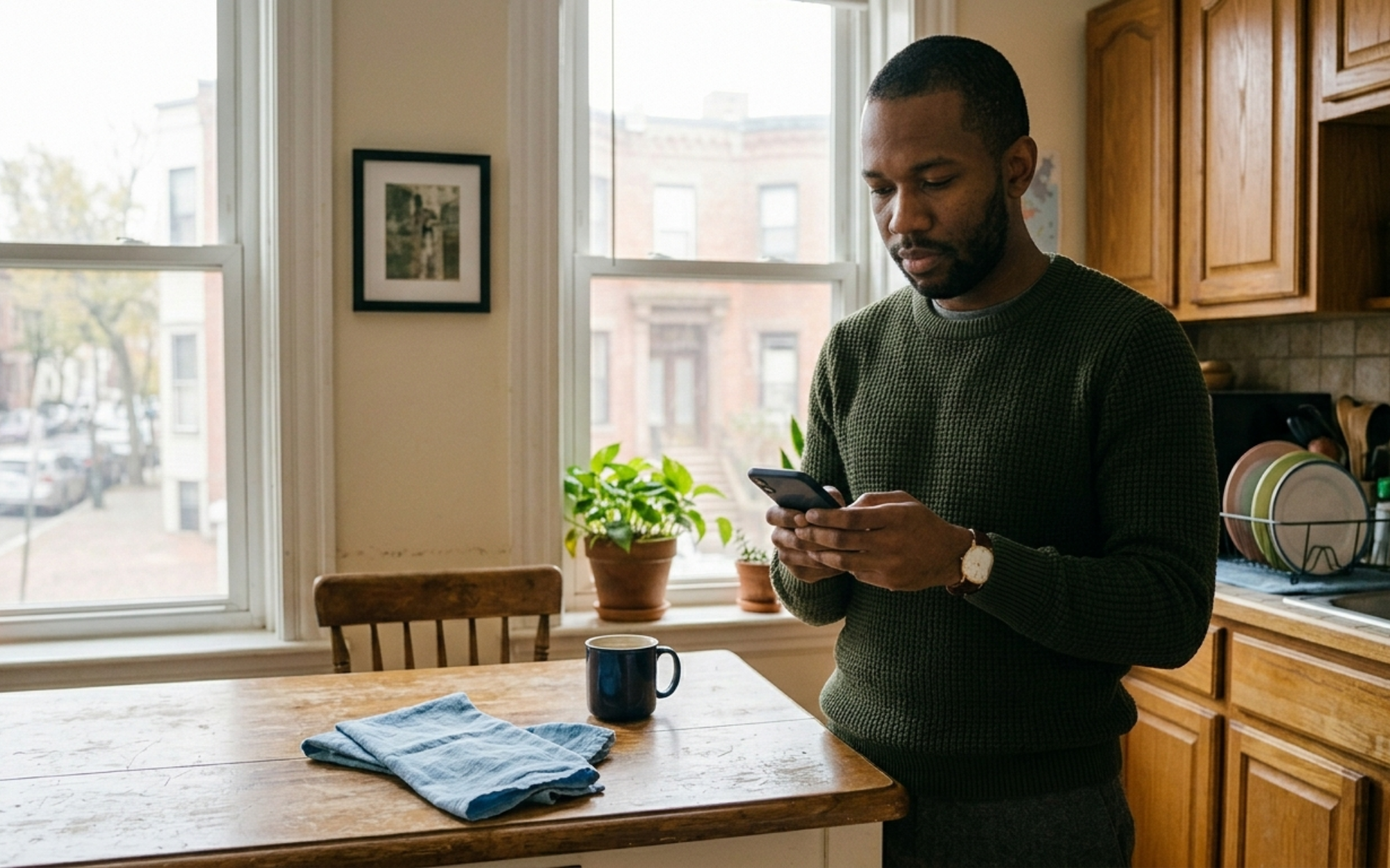Boston renter standing in his kitchen composing a rent negotiation message on his phone after comparing total first-year apartment costs