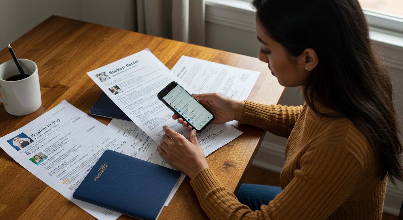 Boston renter organizing broker fee complaint evidence at desk with phone screenshots, printed emails, lease documents, and handwritten timeline notes