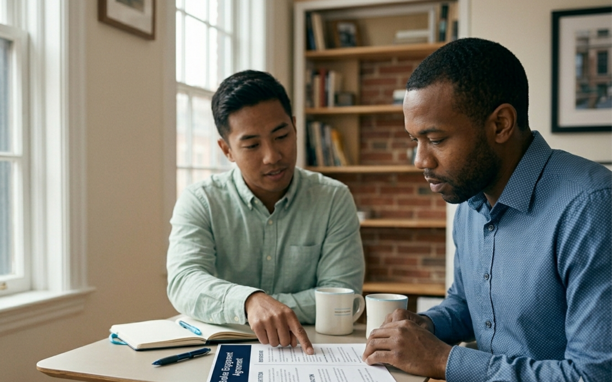 Boston landlord and broker reviewing a written engagement agreement together to clarify dual representation, tenant inquiries, and compensation under the 2026 Massachusetts broker fee compliance rules.