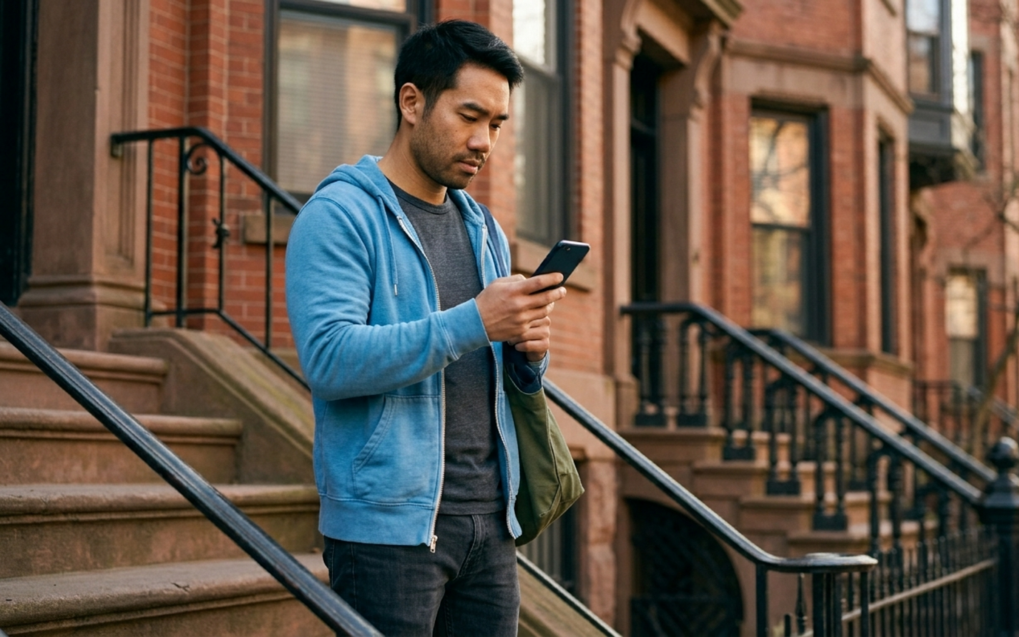 Boston renter standing on a brownstone stoop calmly reading a broker fee demand on his phone, not rushing to pay