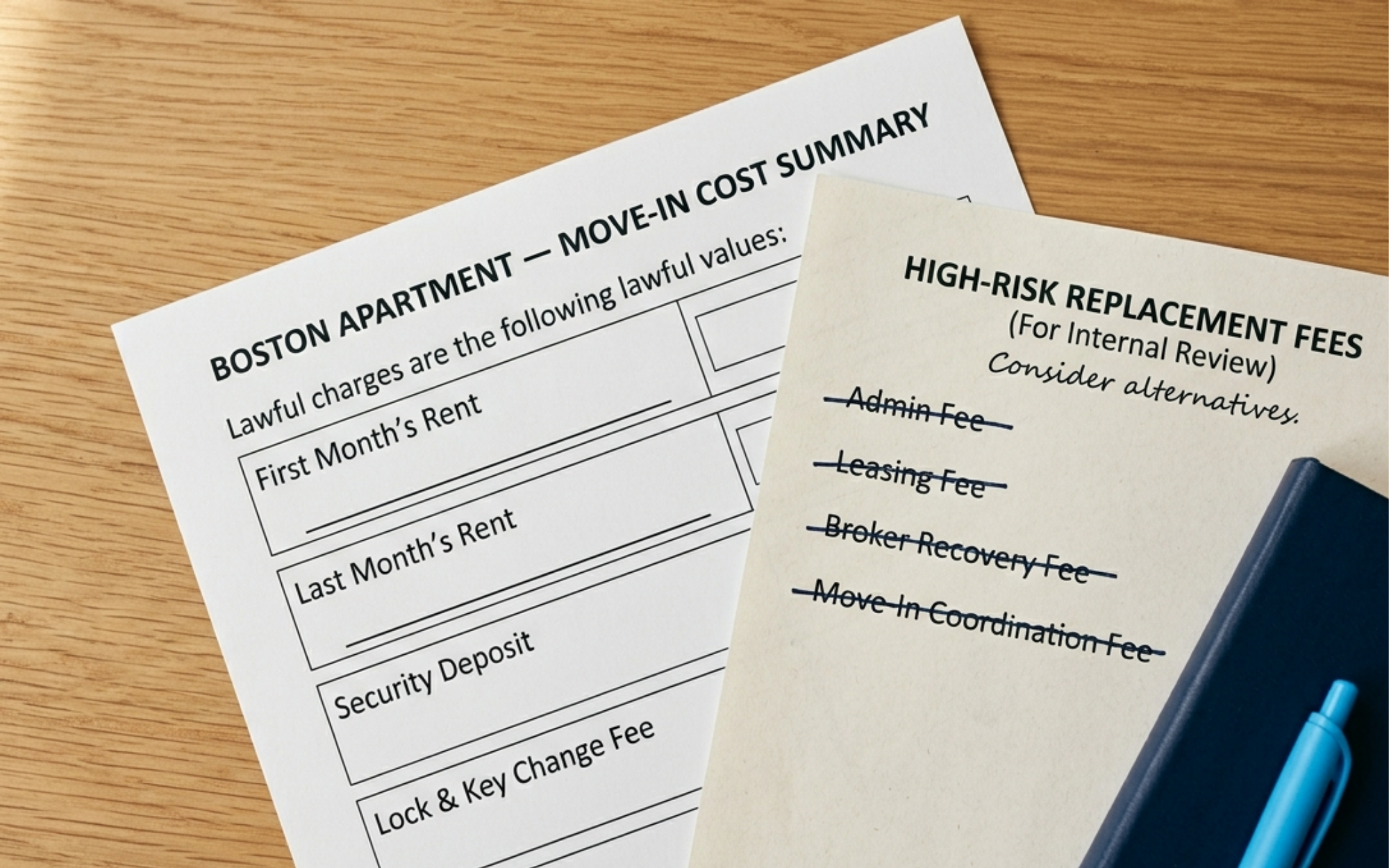 Flat-lay of a Massachusetts landlord's move-in cost sheet next to a list of high-risk replacement fees — admin fee, leasing fee, broker recovery fee — being audited out under the 2026 broker fee law.