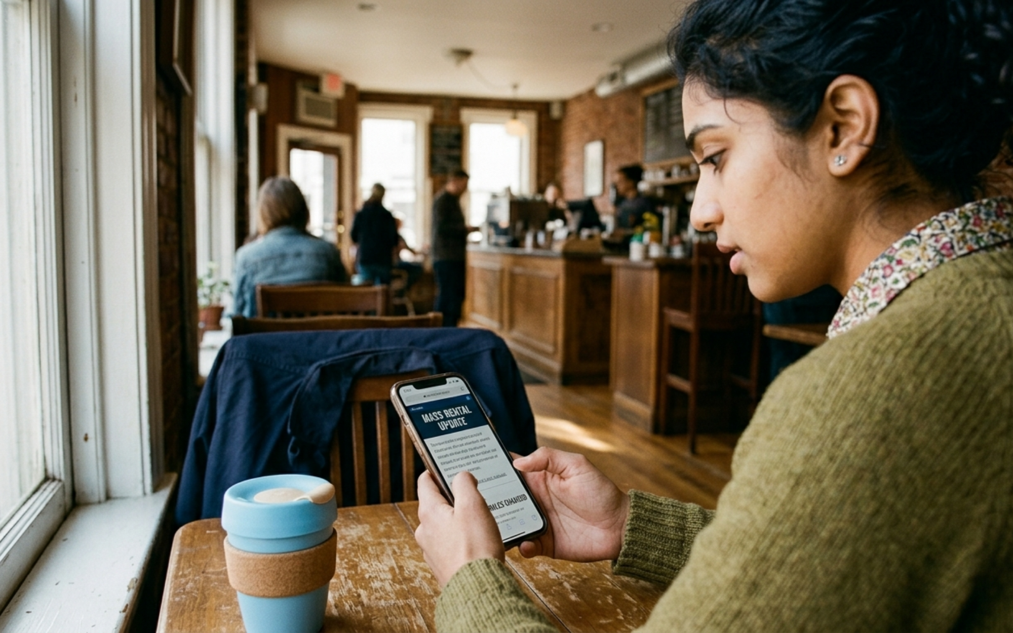 Boston renter scrolling her phone in a neighborhood café after learning about the Massachusetts broker fee law change in 2025