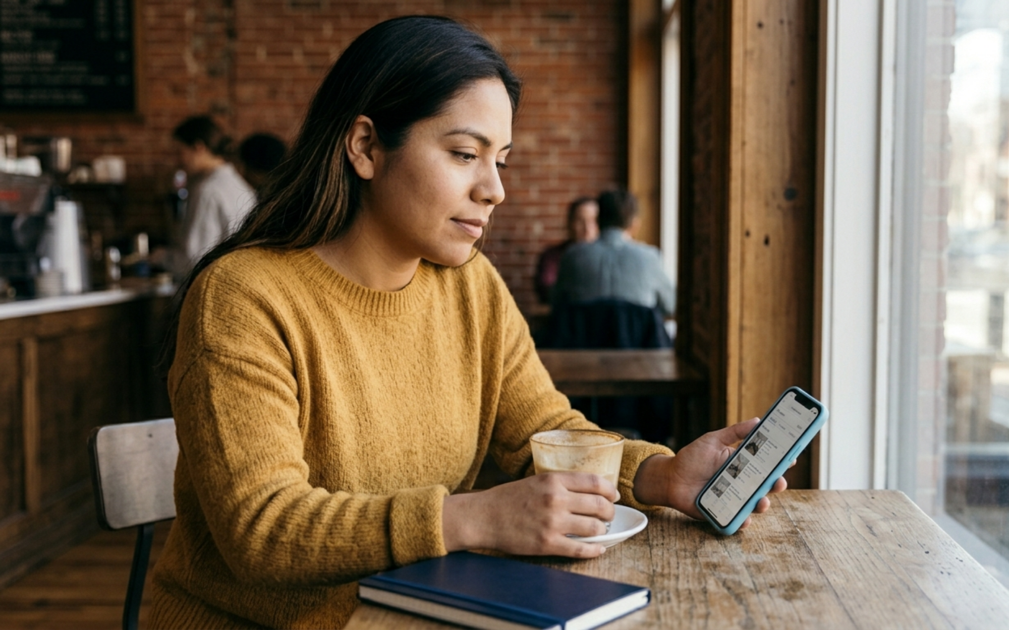 Boston renter scrolling apartment listings on her phone at a neighborhood café — the kind of online inquiry that does not automatically mean she hired the broker under Massachusetts 2026 rules.