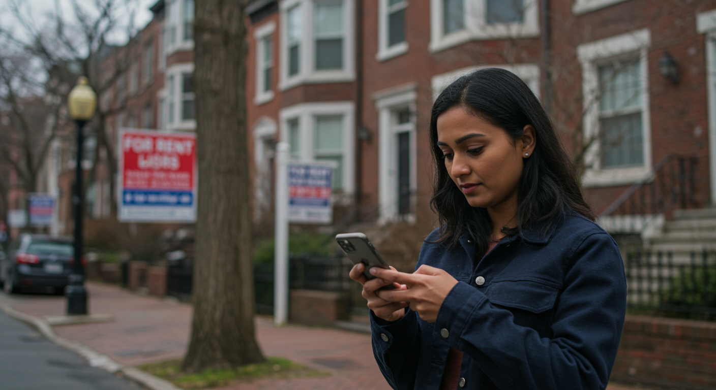 Renter walking through a Cambridge neighborhood checking apartment listings on her phone with triple-deckers and for rent signs in the background