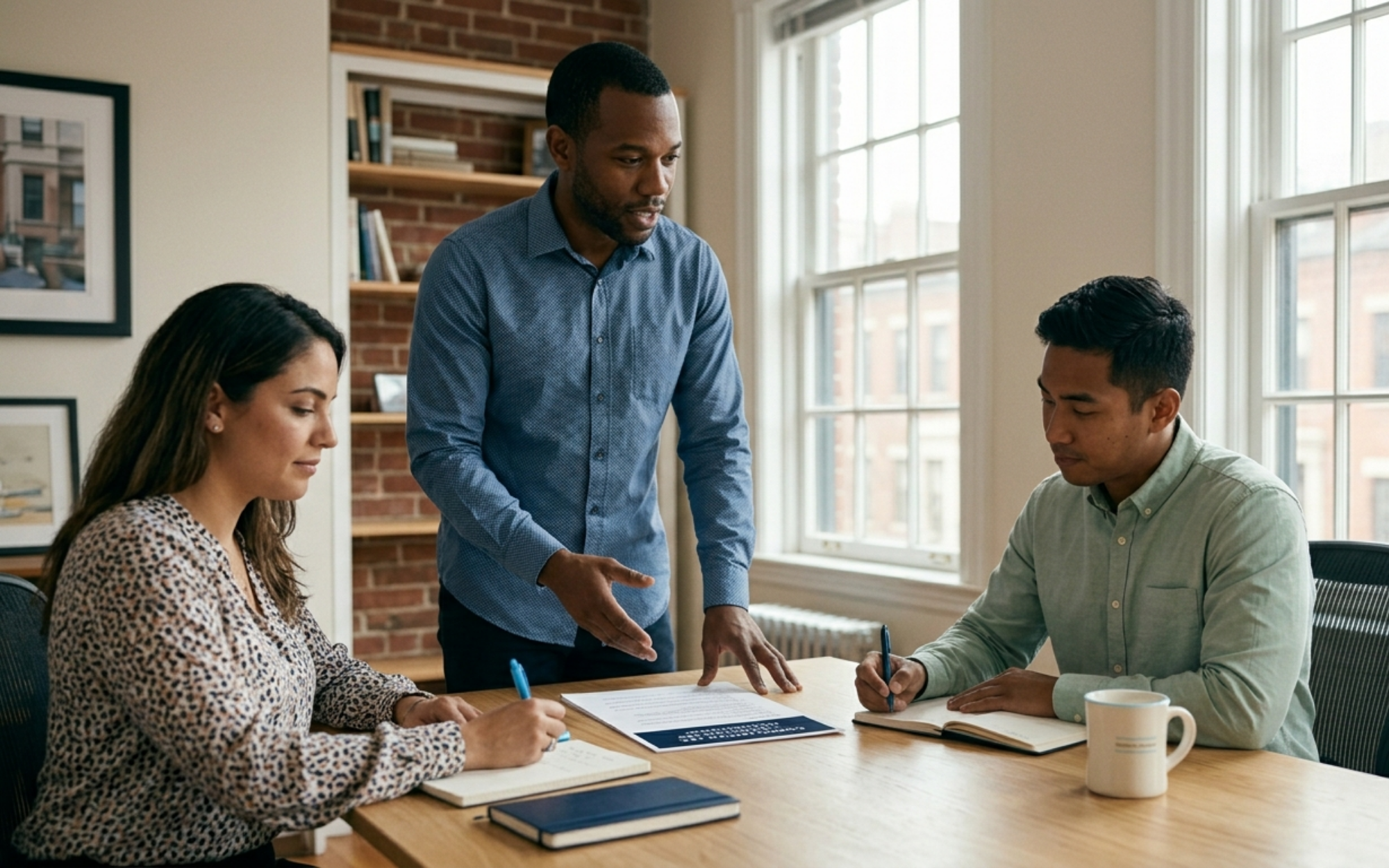 Boston landlord leading a Massachusetts broker fee compliance training session with two leasing staff members in a modern office, reviewing a printed staff script and 2026 compliance summary.