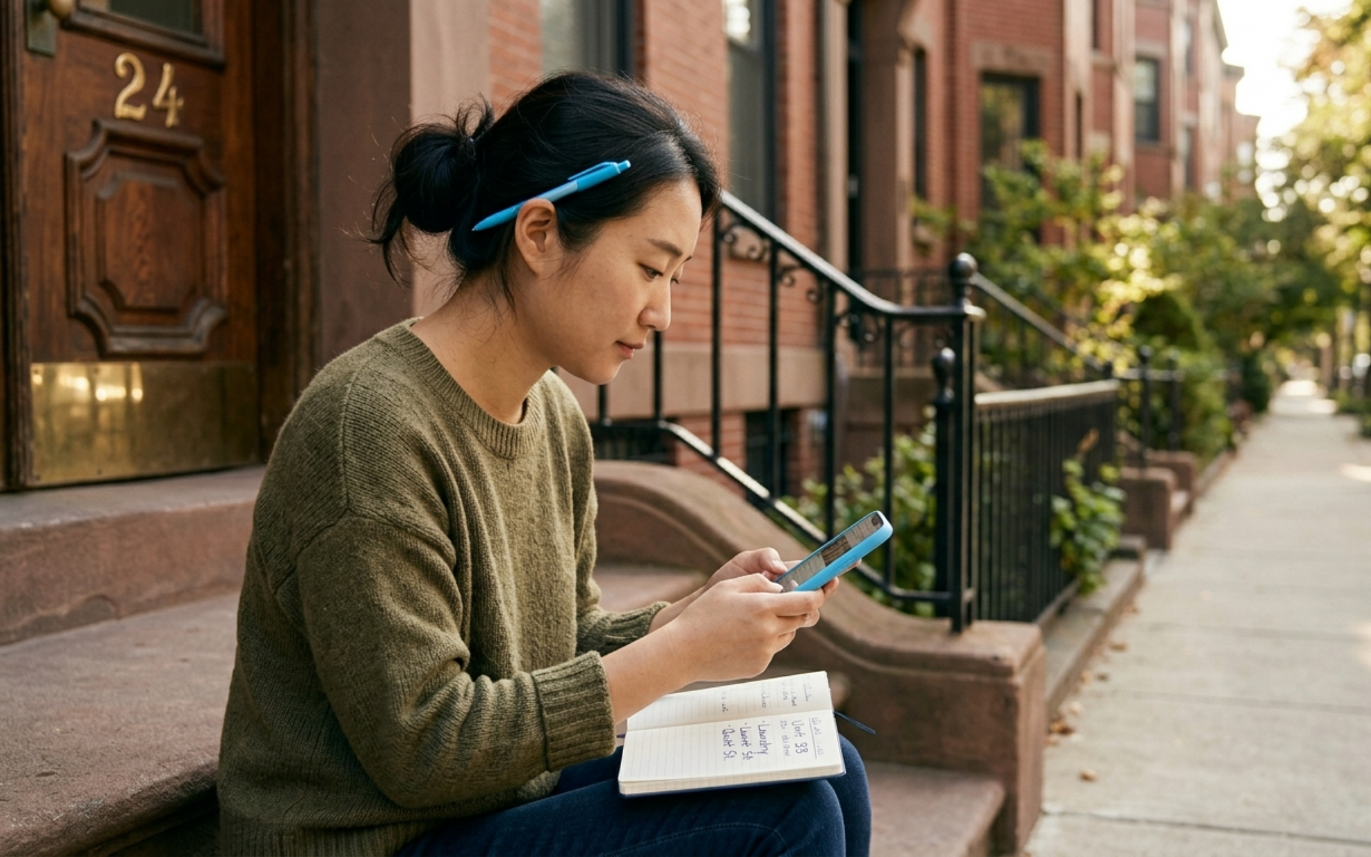 Boston renter on a brownstone stoop checking rental listings on her phone — responding to a listing isn't the same as hiring a broker under the 2026 Massachusetts broker fee law.