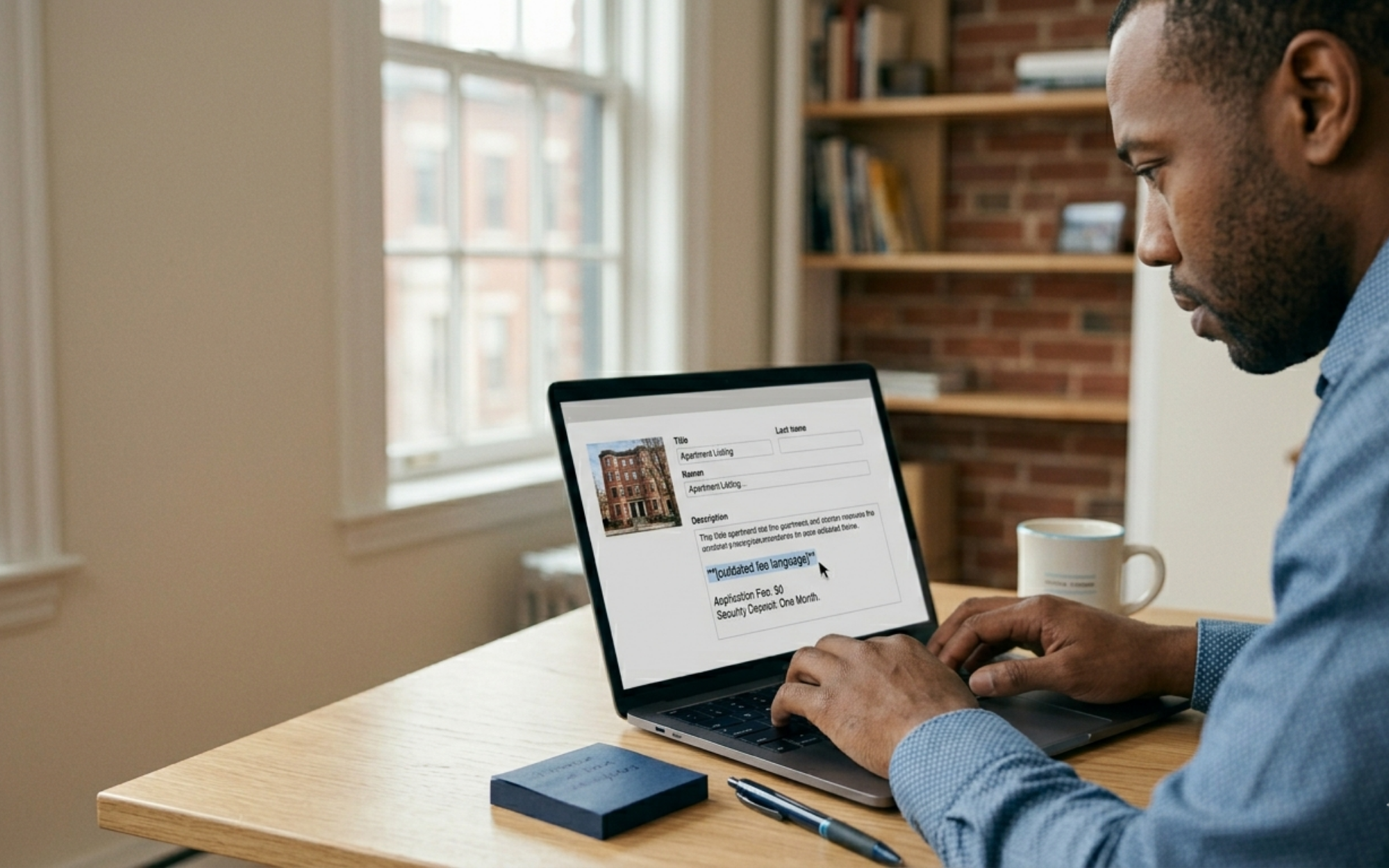 Boston landlord editing a rental listing on his laptop to remove outdated "tenant pays broker fee" language under the Massachusetts 2026 broker fee compliance rules.