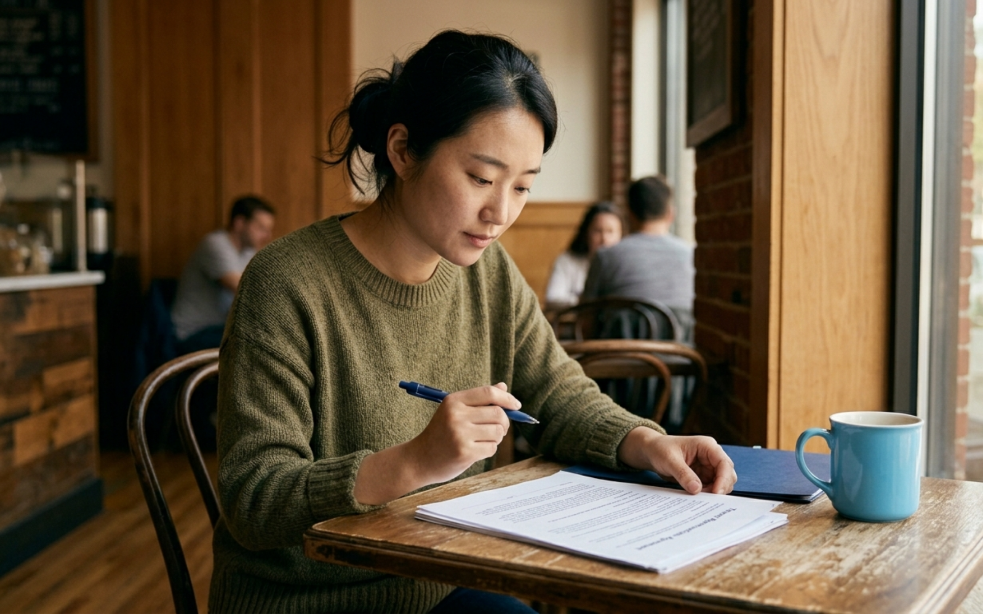 Boston renter at a café table carefully reviewing a printed tenant representation agreement, pen in hand, taking her time before signing under the 2026 Massachusetts broker fee law.