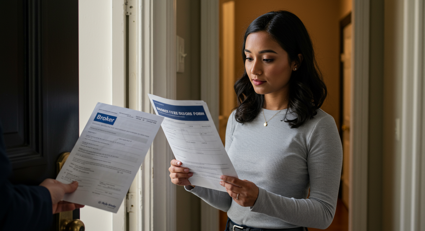 Renter carefully reading a broker fee disclosure form during a Boston apartment showing, examining the document before signing