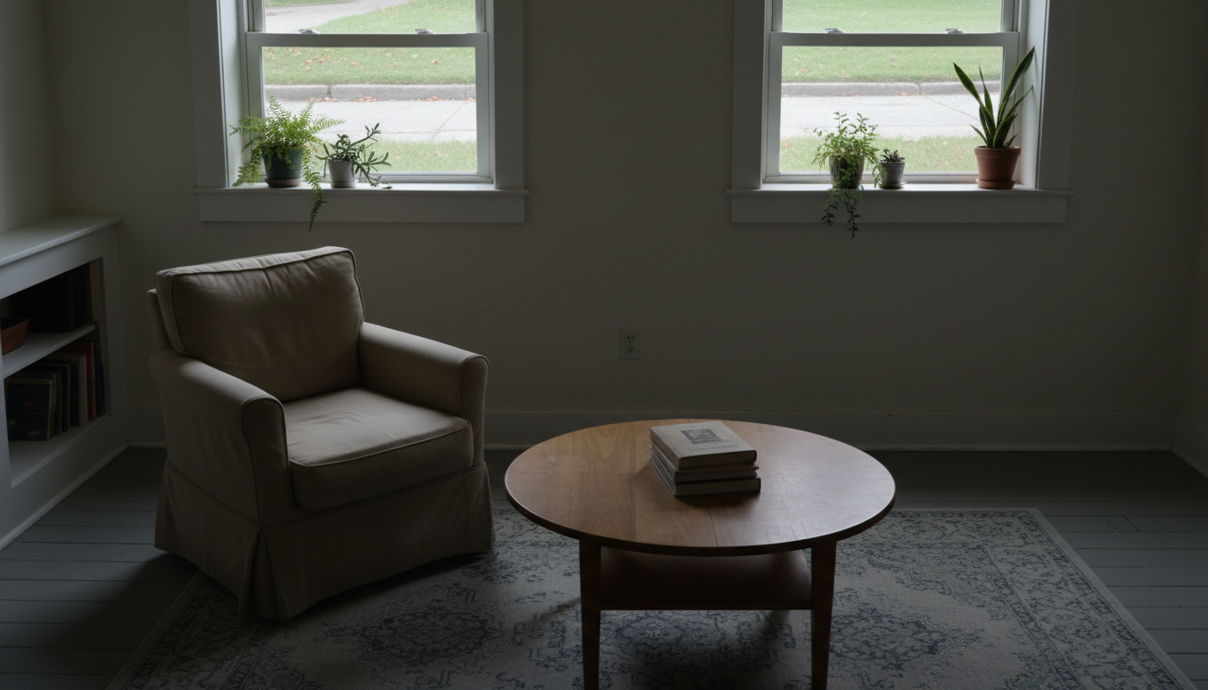 Interior of a Boston garden-level apartment with ground-floor windows near the ceiling letting in natural daylight