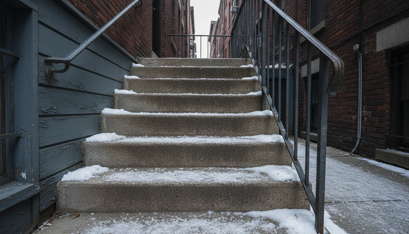 Icy concrete steps descending to a Boston basement apartment entrance in winter, salt on the treads under an overcast gray sky