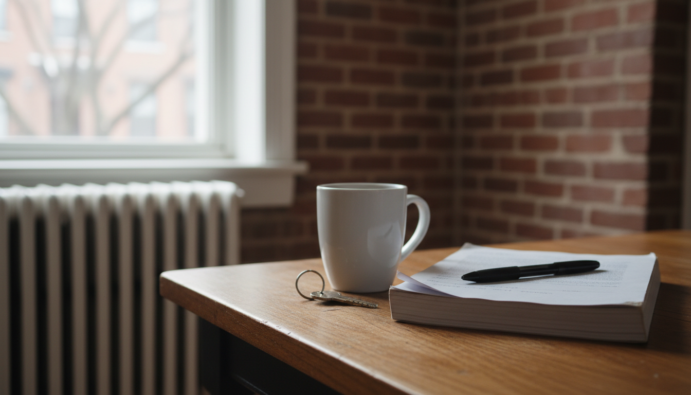 Apartment keys, coffee mug, and closed lease document on a Boston kitchen table with a brick wall and radiator in the background