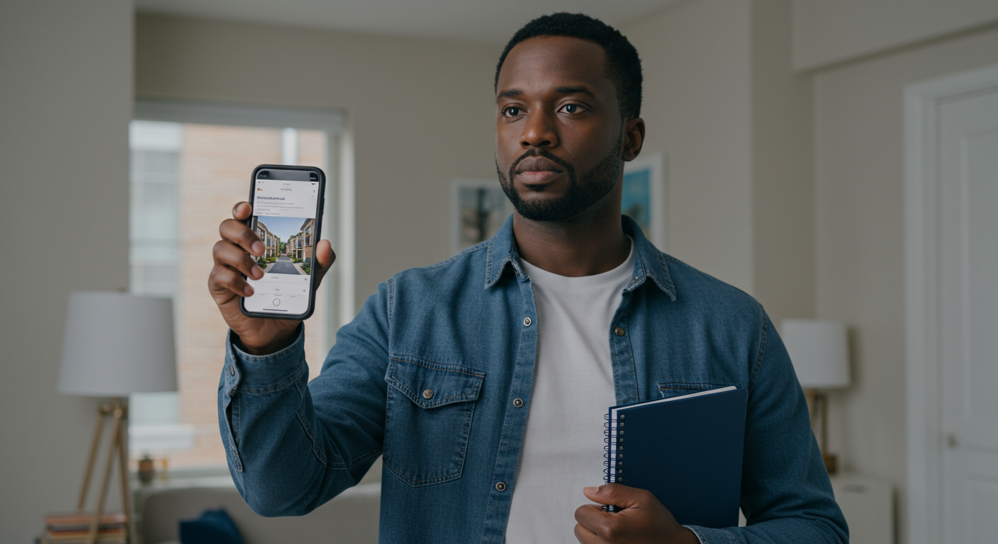 Renter taking screenshot of apartment listing on phone to document potential improper broker fee