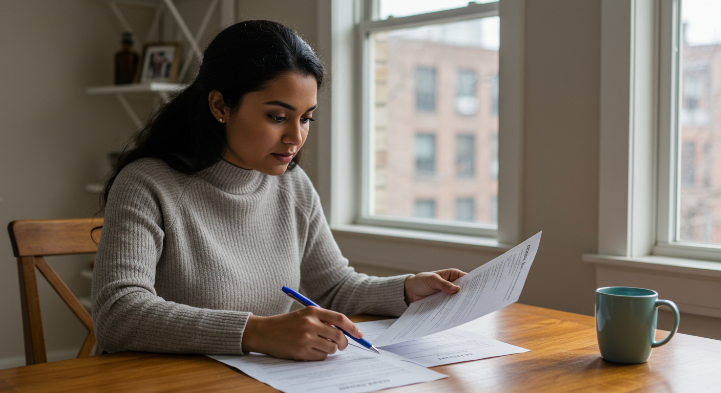 Boston renter reviewing lease documents and broker fee terms at kitchen table