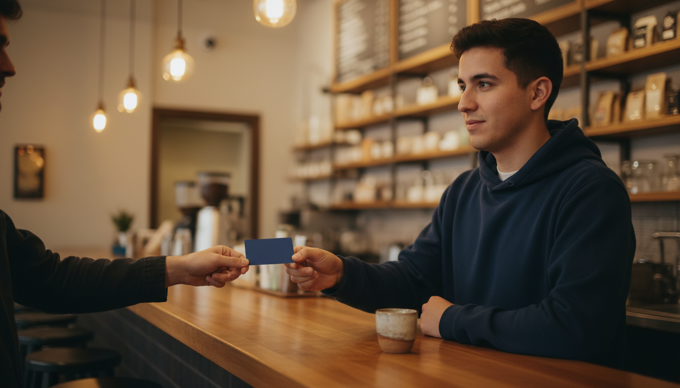 Northeastern student paying for coffee at a neighborhood café counter with a credit card, building his credit history before applying for an apartment