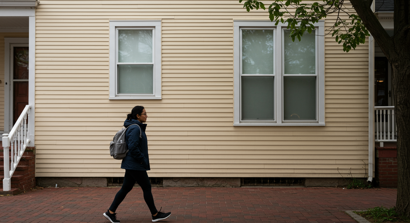 Northeastern student walking home through a leafy Jamaica Plain residential street, illustrating the off-campus commute tradeoff
