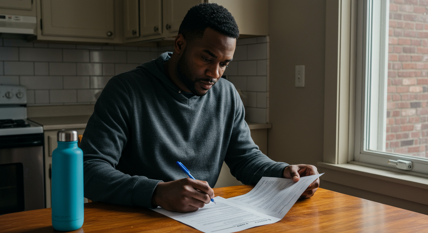 Boston renter carefully reviewing lease paperwork and broker fee agreement at triple-decker kitchen table