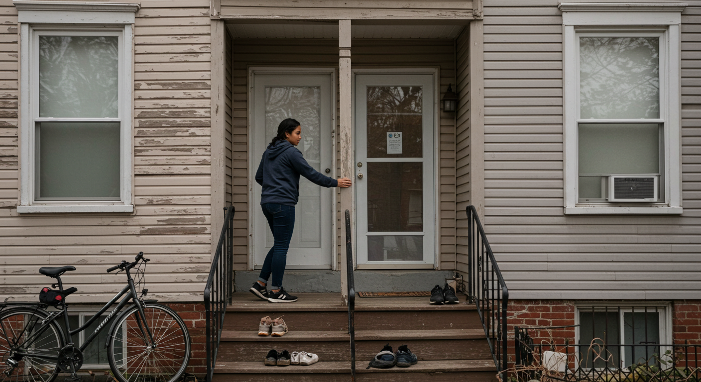 Northeastern student arriving at a Mission Hill triple-decker shared house with roommates' bikes and sneakers on the porch