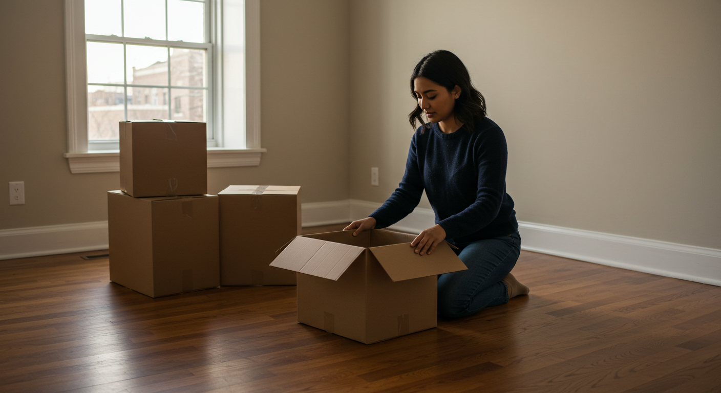 Northeastern student kneeling in an empty Boston apartment unpacking from cardboard moving boxes