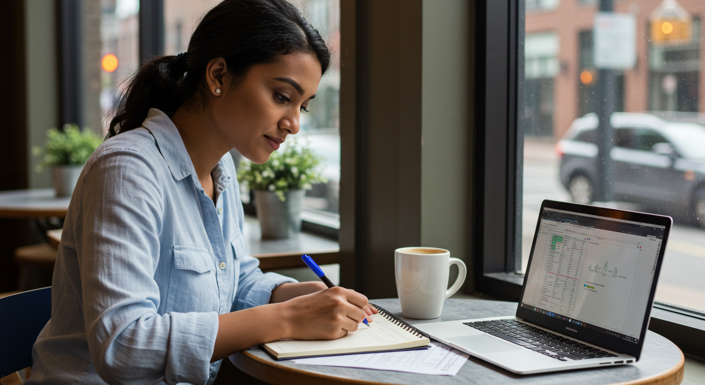 Northeastern student calculating real annual rent including utilities, furniture, and summer months at a Boston cafe