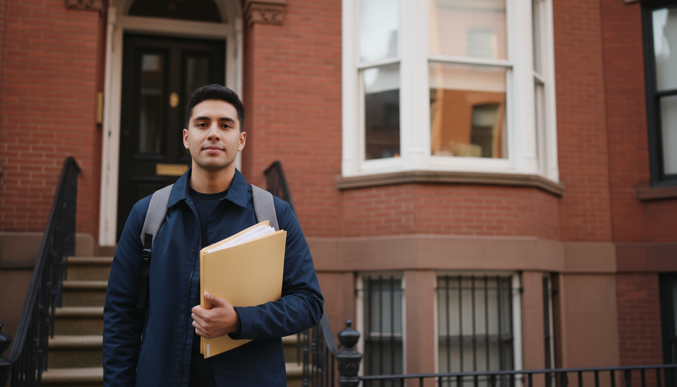 Northeastern student standing outside a Boston brownstone holding a manila folder of rental application documents